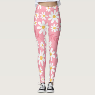 Legging Padrão Floral de Margaridas Rosa e Branco Fofo e S