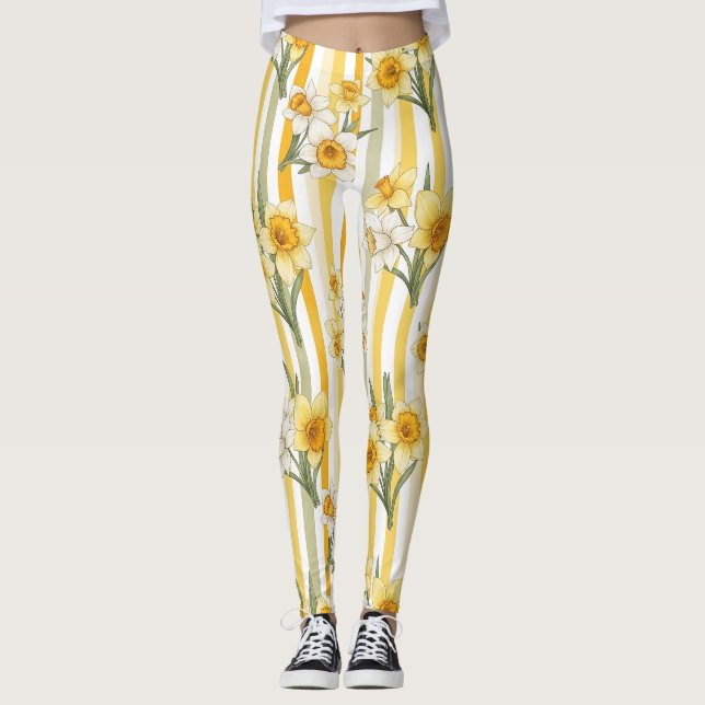 Legging Padrão Floral de Narciso Listrado (Frente)