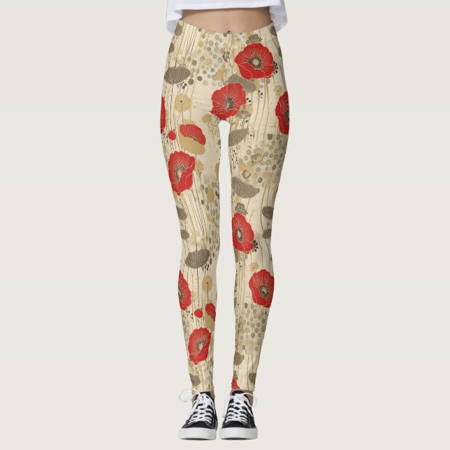 Legging Padrão Floral de Papoila Vermelha (Frente)
