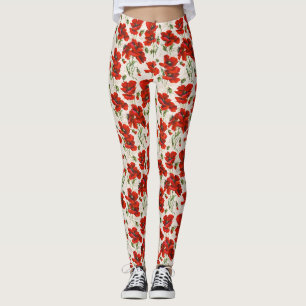 Legging Padrão Floral de Papoula Vermelha Vintage Arte Bot