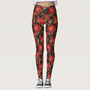 Legging Padrão Floral de Peônia Dourada Vermelha Asiática