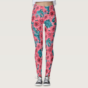 Legging Padrão floral de petúnia com aquarela vermelha