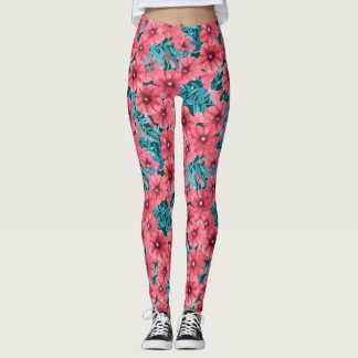 Legging Padrão floral de petúnia com aquarela vermelha