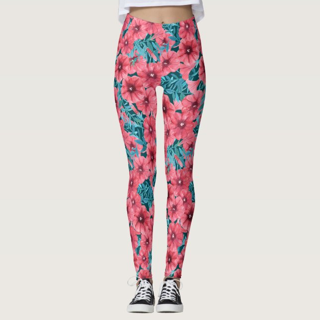 Legging Padrão floral de petúnia com aquarela vermelha (Frente)