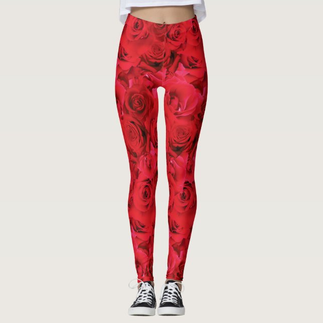 Legging Padrão Floral de Repetição do Rosa vermelha (Frente)