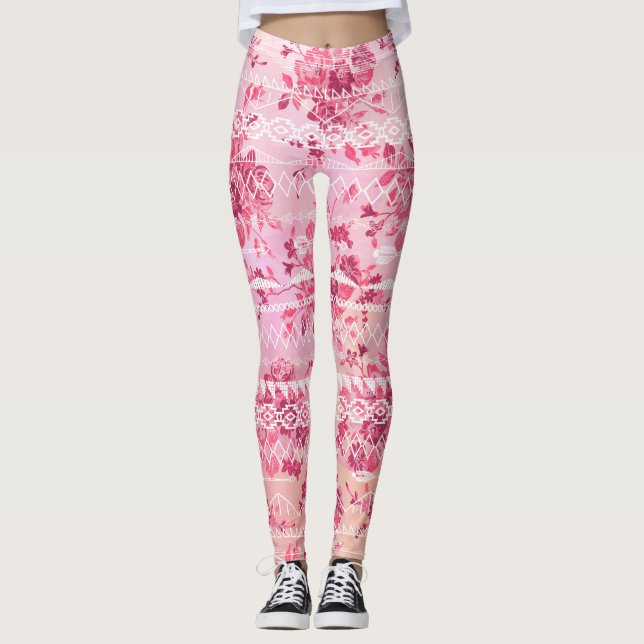 Legging Padrão Floral de rosa de Herança do Coral Rosa (Frente)