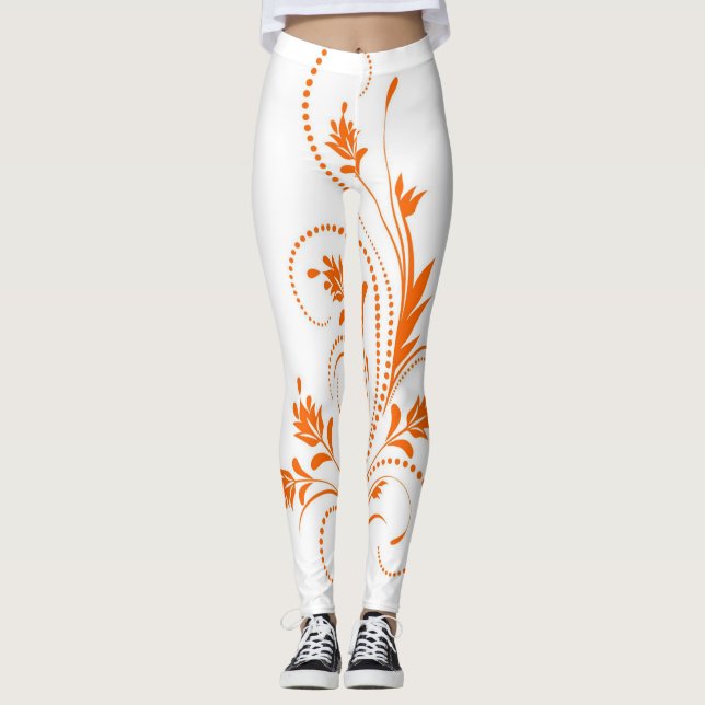 Legging Padrão Floral de Trabalho de Rolo em Damasco Branc (Frente)