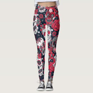 Legging Padrão floral do crânio vermelho
