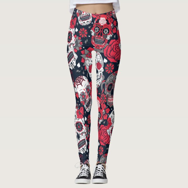 Legging Padrão floral do crânio vermelho (Frente)