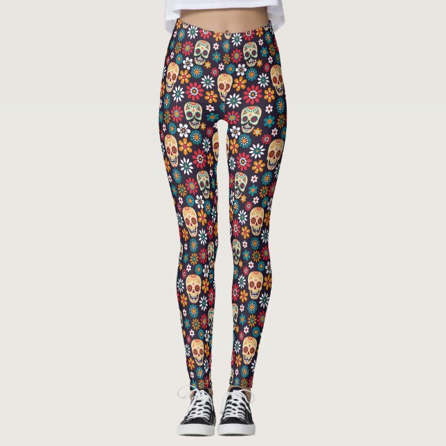 Legging Padrão floral do crânio vermelho (Frente)