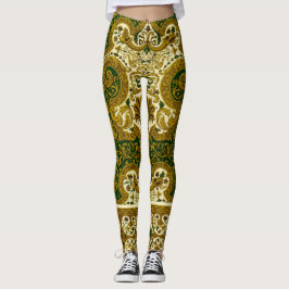 Legging Padrão Floral Dourado e Verde Vintage