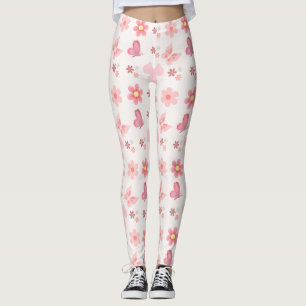 Legging Padrão Floral e de Borboleta Rosa Pastel