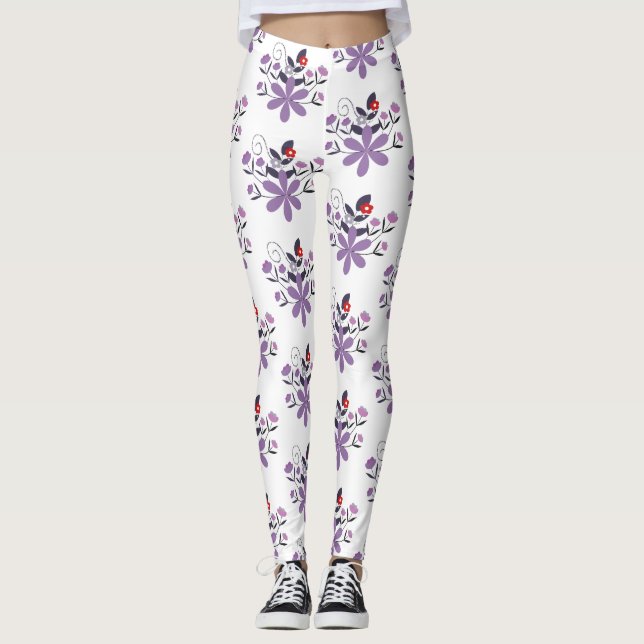 Legging Padrão floral elegante cinza violeta roxa vermelha (Frente)