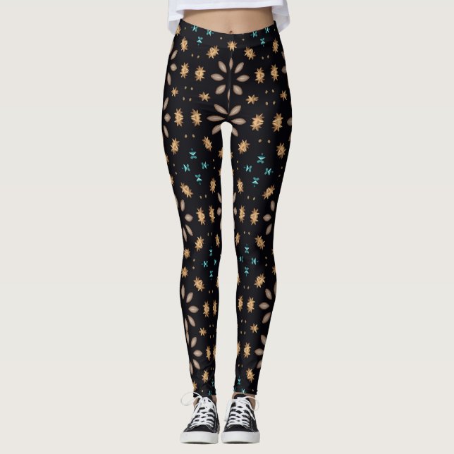 Legging Padrão Floral Elegante Preto e Geométrico Dourado (Frente)