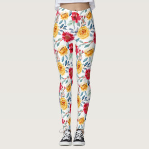 Legging Padrão Floral em Aquarela Alegre em Rosa Amarela