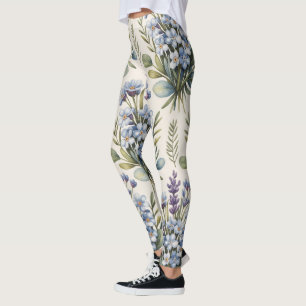 Legging Padrão Floral em Aquarela Azul Elegante
