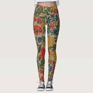Legging Padrão Floral em Crewel Vintage Vermelho e Dourado