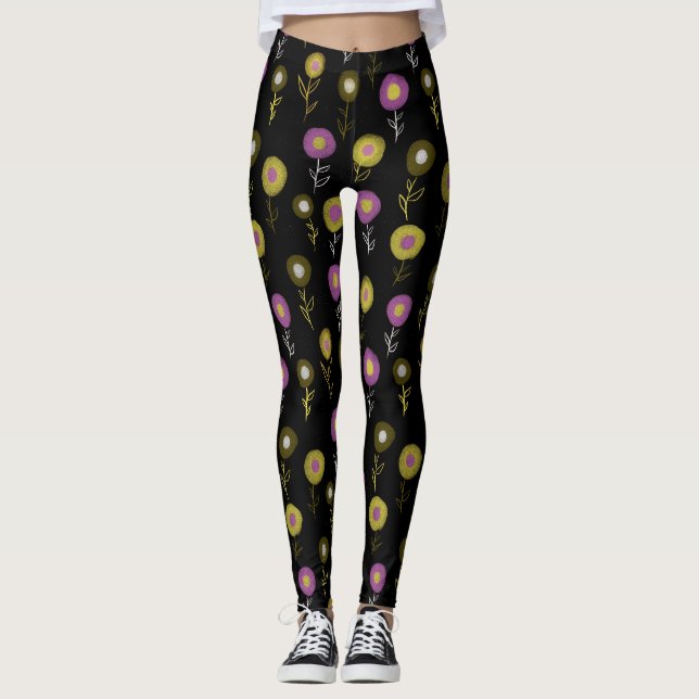 Legging Padrão Floral Escuro - Flores Redondas Amarelas Co (Frente)
