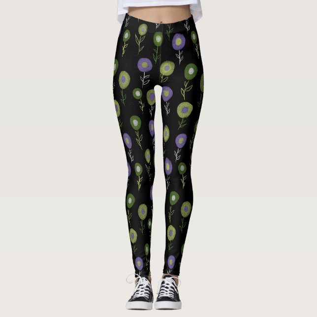 Legging Padrão Floral Escuro - Flores Roxas Verdes (Frente)