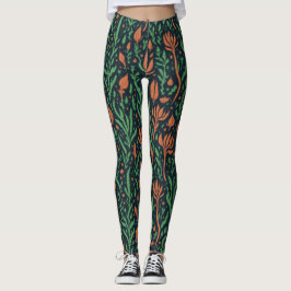 Legging Padrão Floral Folhas Verdes Vermelhas Botânicas Mo