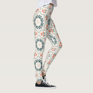 Legging Padrão Floral Geométrico Islâmico Coral Turquesa