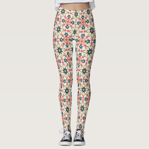 Legging Padrão Floral Geométrico Ornamental Rosa Azul