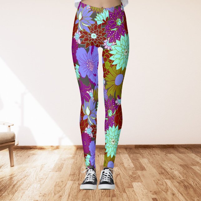 Legging Padrão floral grande e preto em roxo e verde (Criador carregado)