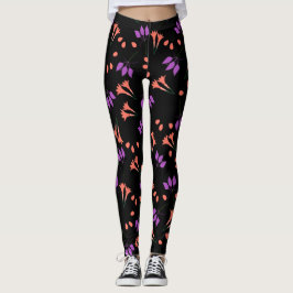 Legging Padrão floral laranja e roxo a preto