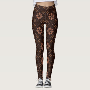 Legging Padrão Floral Marrom de Batik Tradicional Moderno