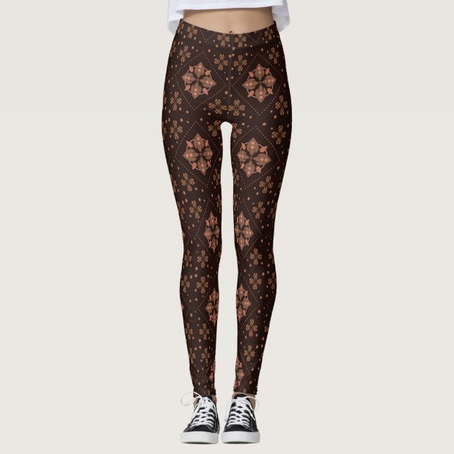 Legging Padrão Floral Marrom de Batik Tradicional Moderno (Frente)
