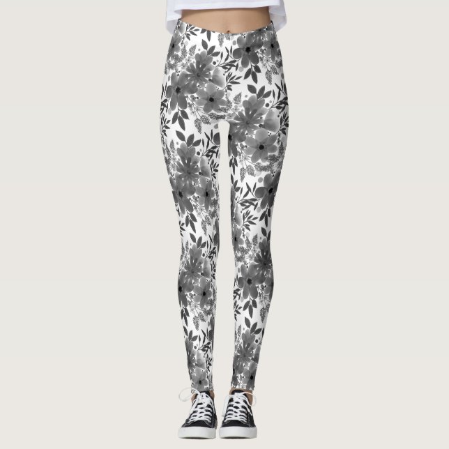 Legging Padrão Floral Monocromático de Cinzas Brancas (Frente)