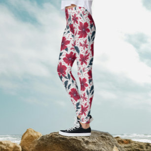 Legging Padrão Floral na moda Quic Red White Poinsettia