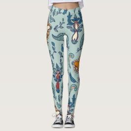 Legging Padrão floral ornamentado em fundo azul claro
