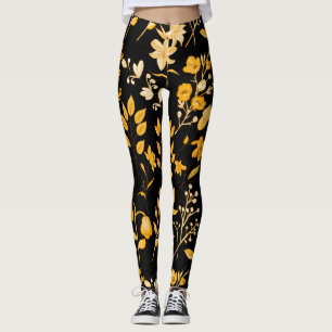 Legging Padrão Floral ouro para o outono. BG preto