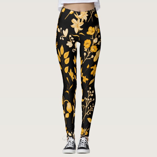 Legging Padrão Floral ouro para o outono. BG preto (Frente)