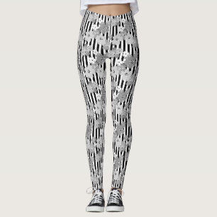 Legging Padrão floral preto e branco retro stripteado