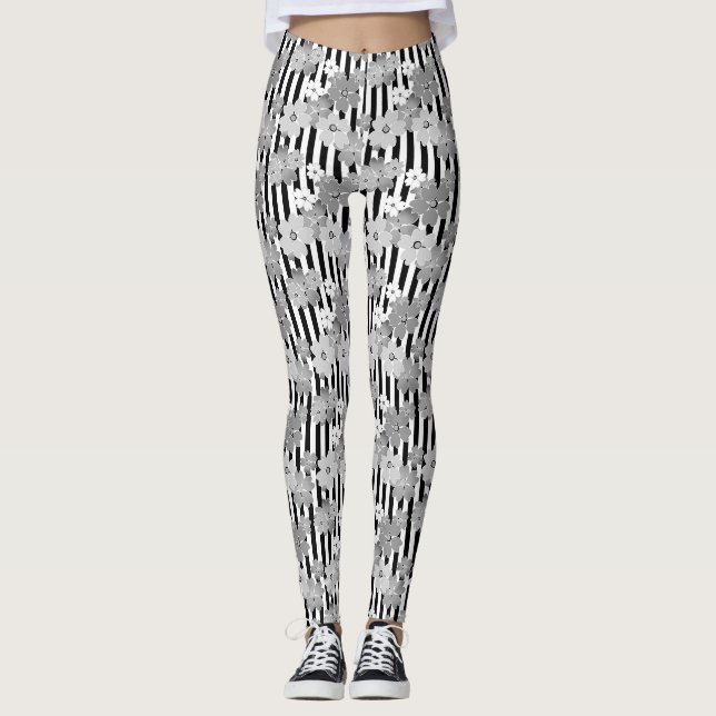 Legging Padrão floral preto e branco retro stripteado (Frente)