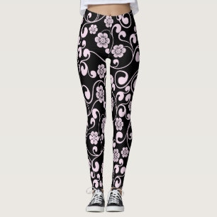 Legging Padrão Floral Preto e Cor-de-Rosa