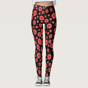Legging Padrão Floral Red Flowers Com Fundo Preto