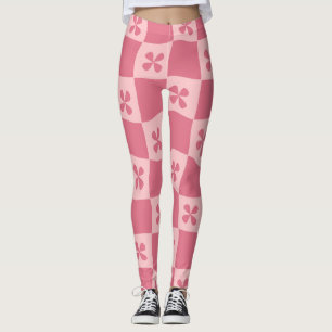 Legging Padrão Floral Retro-Rosa Verificado