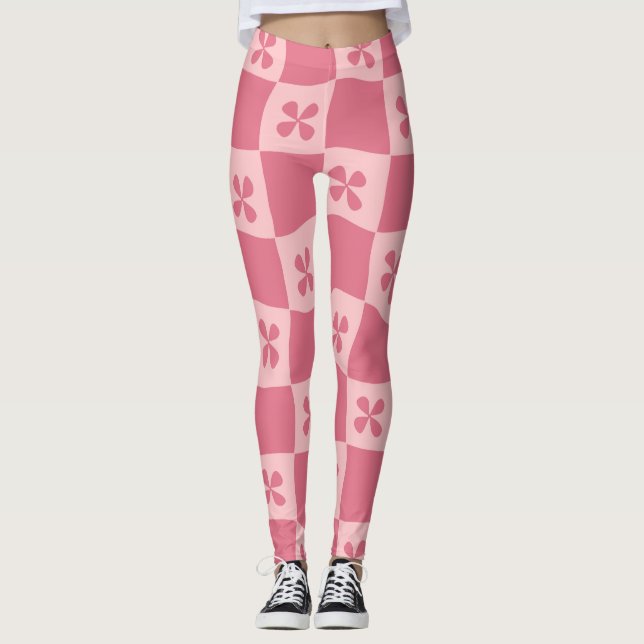 Legging Padrão Floral Retro-Rosa Verificado (Frente)