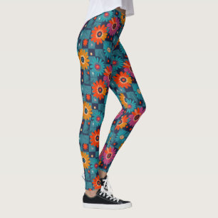 Legging Padrão Floral Retro Vibrante com Praças Teais