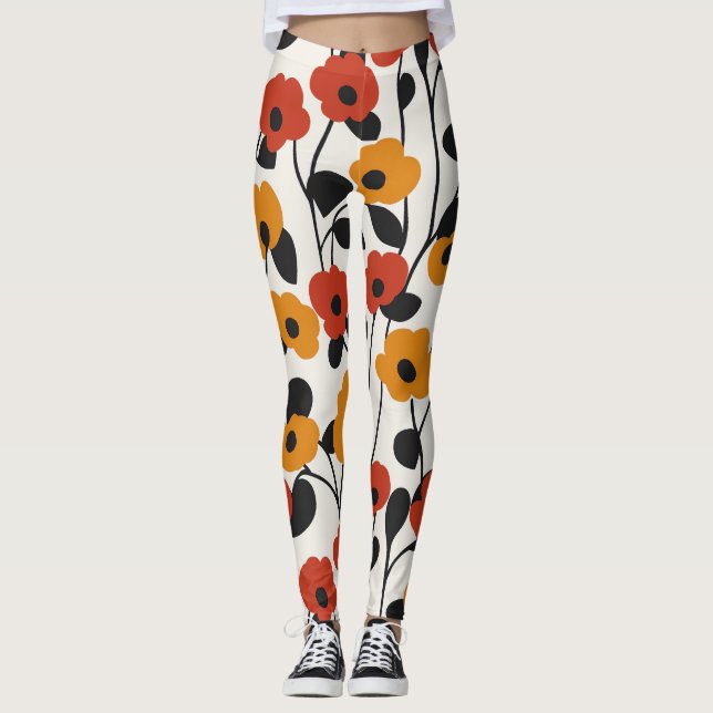 Legging Padrão Floral Retroativo Negrito Vermelho, Laranja (Frente)