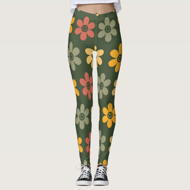 Legging Padrão Floral Retroativo sobre um fundo verde (Frente)