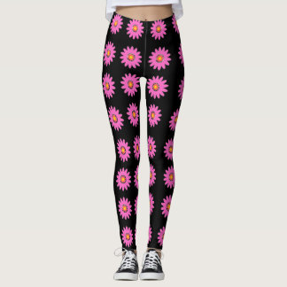 Legging Padrão Floral Rosa Moderno em Fundo Preto