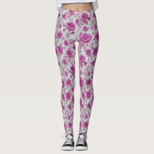 Legging Padrão Floral Rosa Vibrante Com Flores Magenta