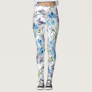 Legging Padrão Floral Sem Costura de Aquarela Azul