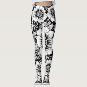 Legging Padrão Floral Sem Costura Preto Branco Vintage (2)