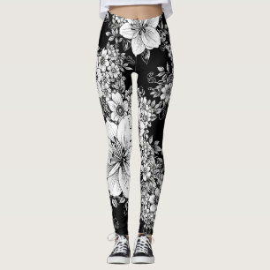 Legging Padrão Floral Sem Costura Preto Branco Vintage (3)