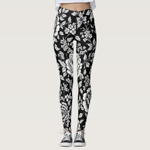 Legging Padrão Floral Sem Costura Preto Branco Vintage (5)